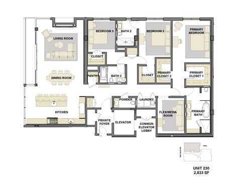 Floor plan for 3 beds, 3.5 baths, 2833 sqft